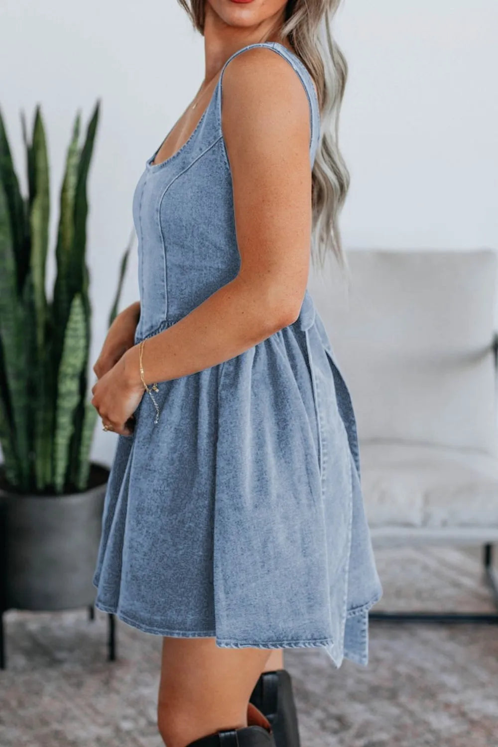 V-Back Bow Tie Denim Skater Dress - Velora Luxury Fashion