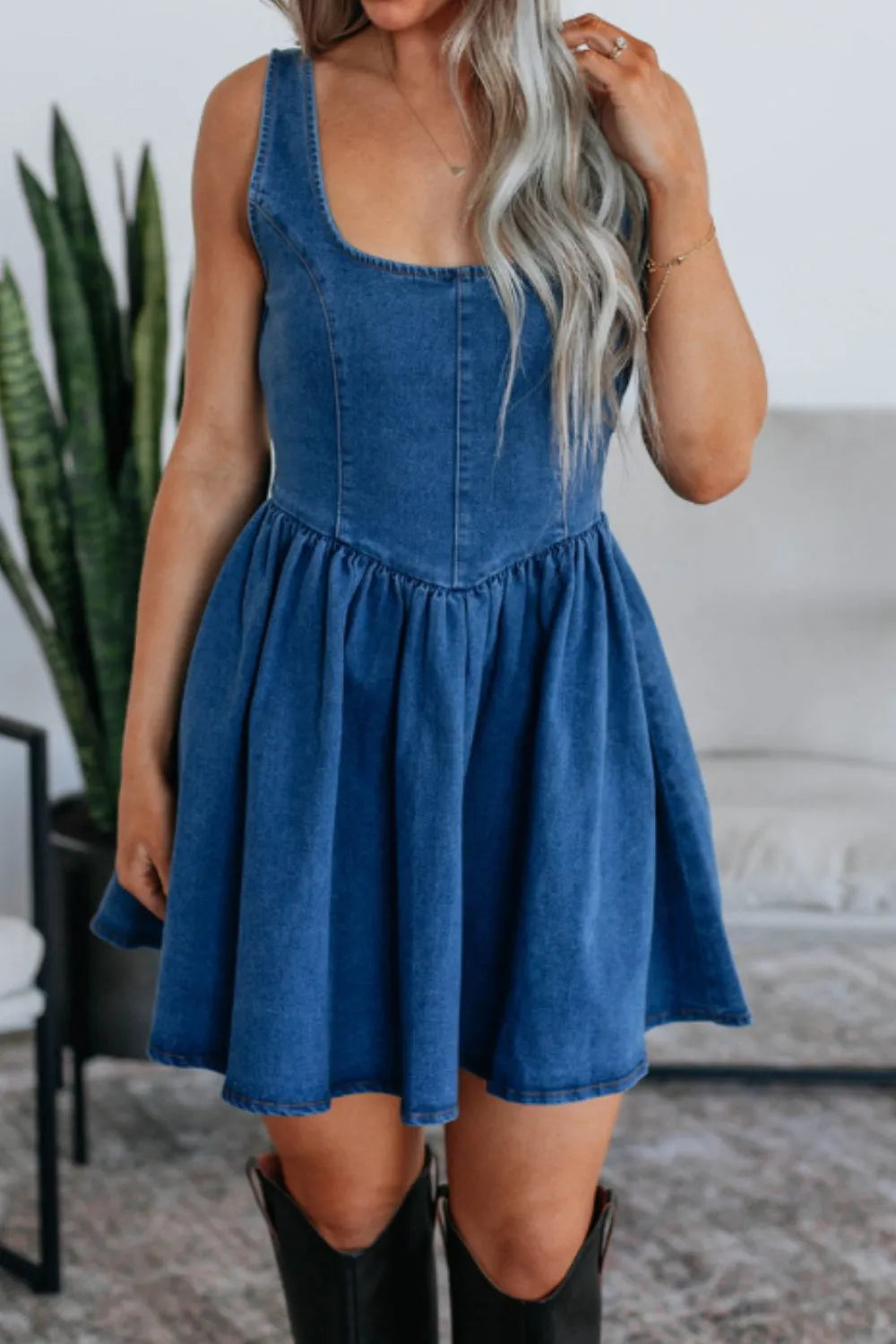 V-Back Bow Tie Denim Skater Dress - Velora Luxury Fashion