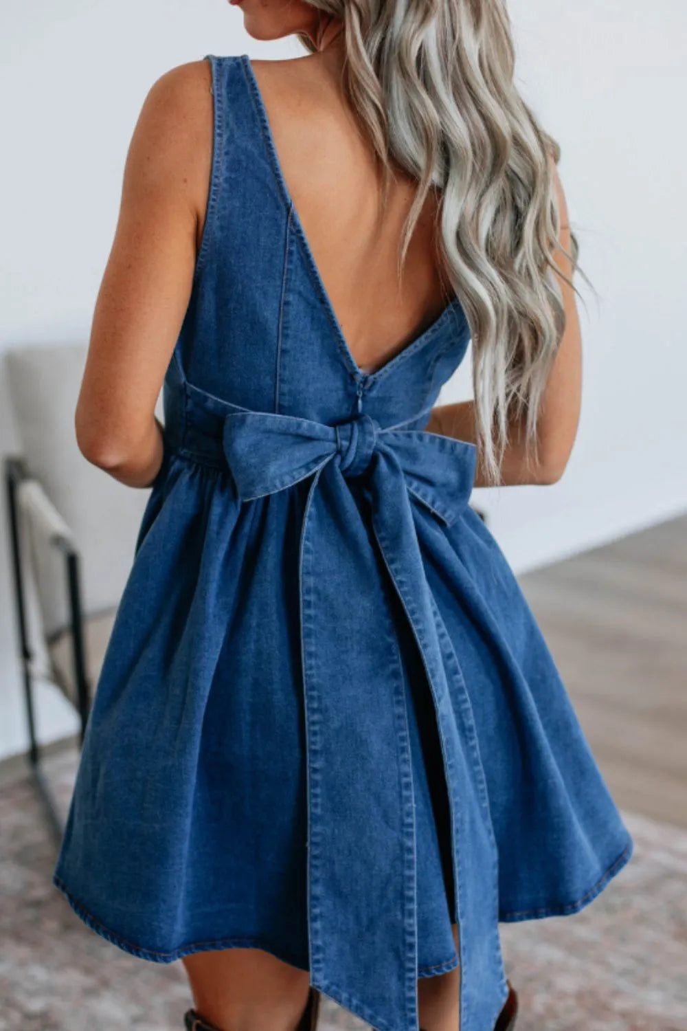 V-Back Bow Tie Denim Skater Dress - Velora Luxury Fashion
