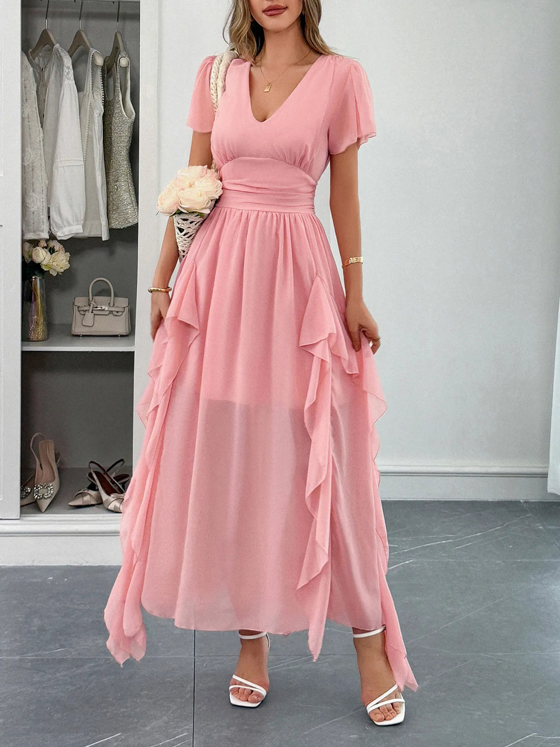 V-Neck Flutter Sleeve Dress - Velora Luxury Fashion