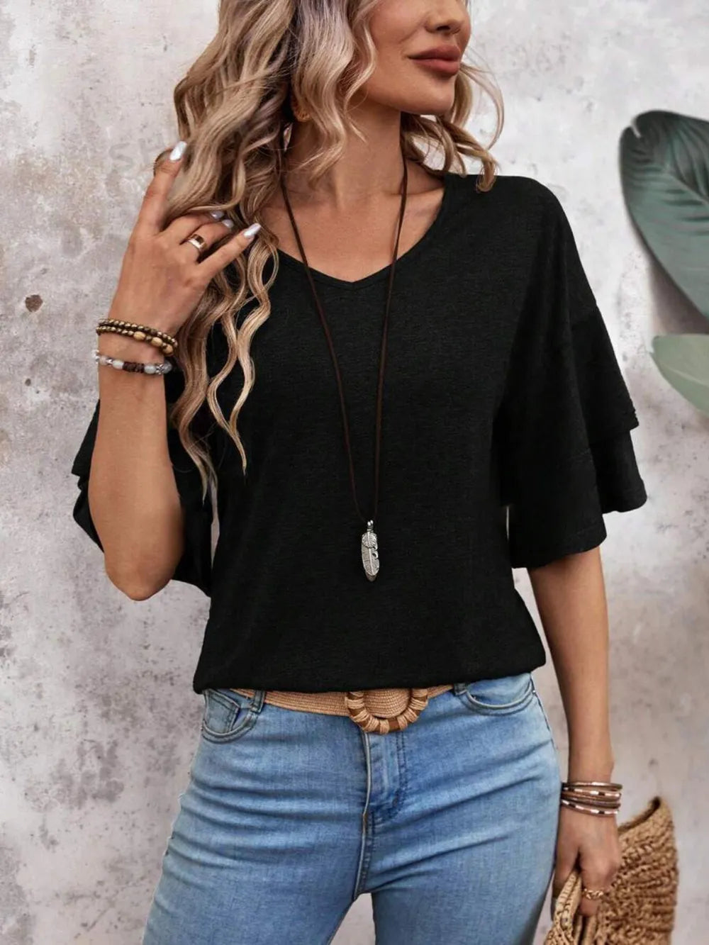 V-Neck Half Sleeve Blouse - Velora Luxury Fashion