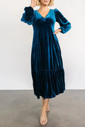 V-Neck Long Sleeve Midi Velvet Dress - Velora Luxury Fashion