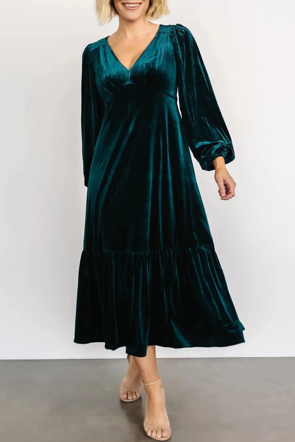 V-Neck Long Sleeve Midi Velvet Dress - Velora Luxury Fashion