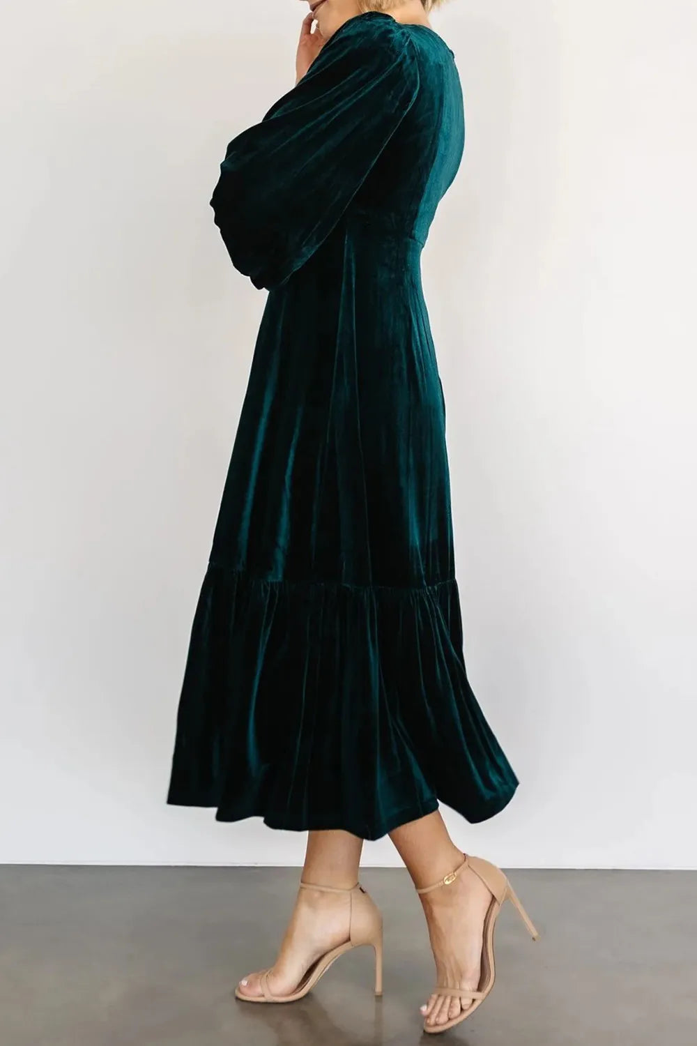 V-Neck Long Sleeve Midi Velvet Dress - Velora Luxury Fashion