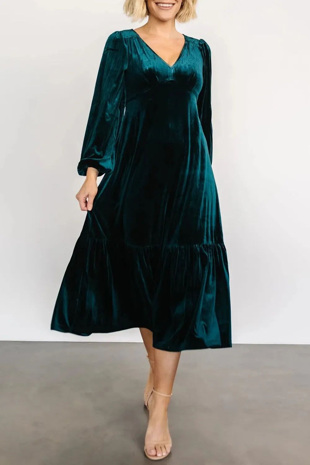 V-Neck Long Sleeve Midi Velvet Dress - Velora Luxury Fashion