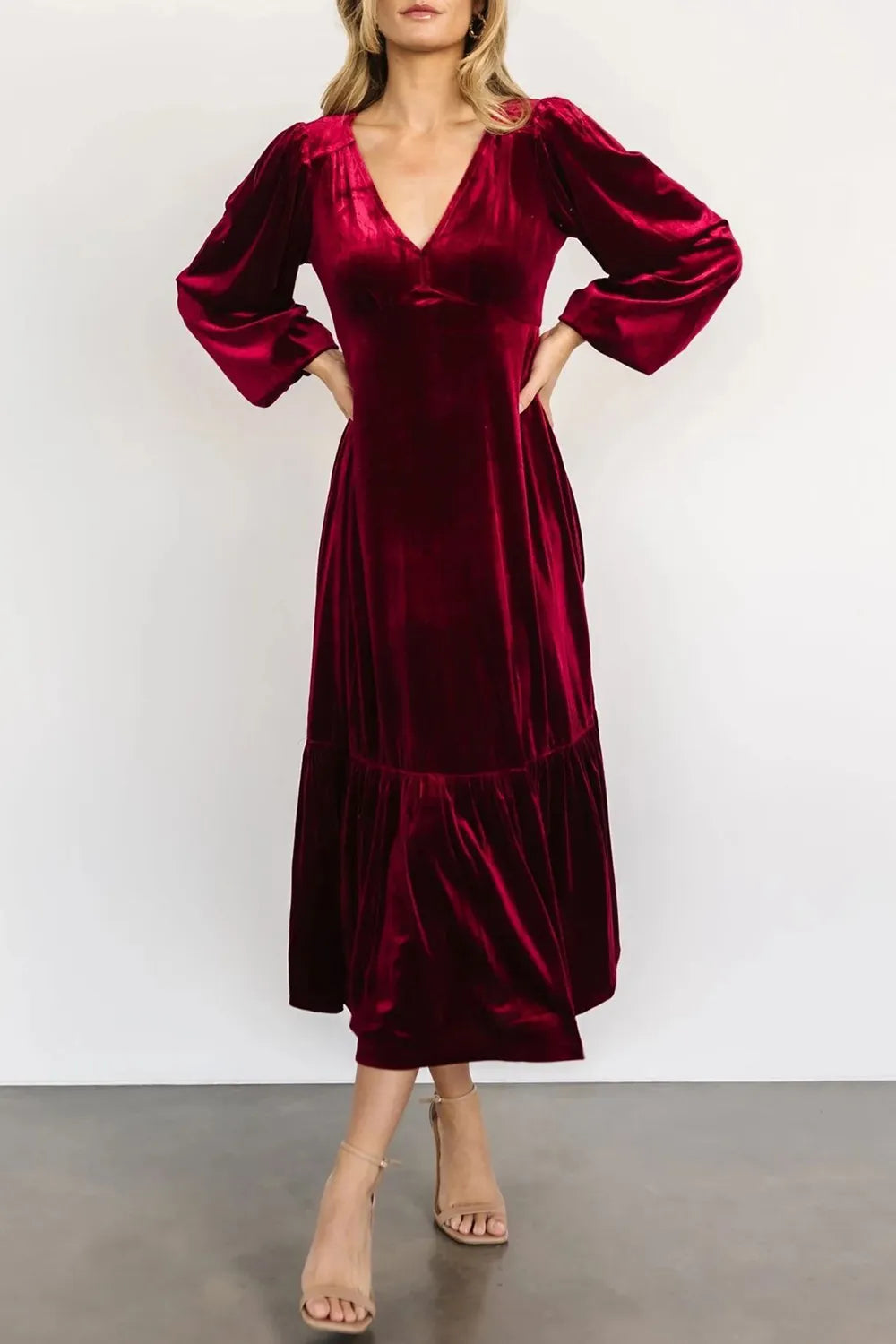 V-Neck Long Sleeve Midi Velvet Dress - Velora Luxury Fashion