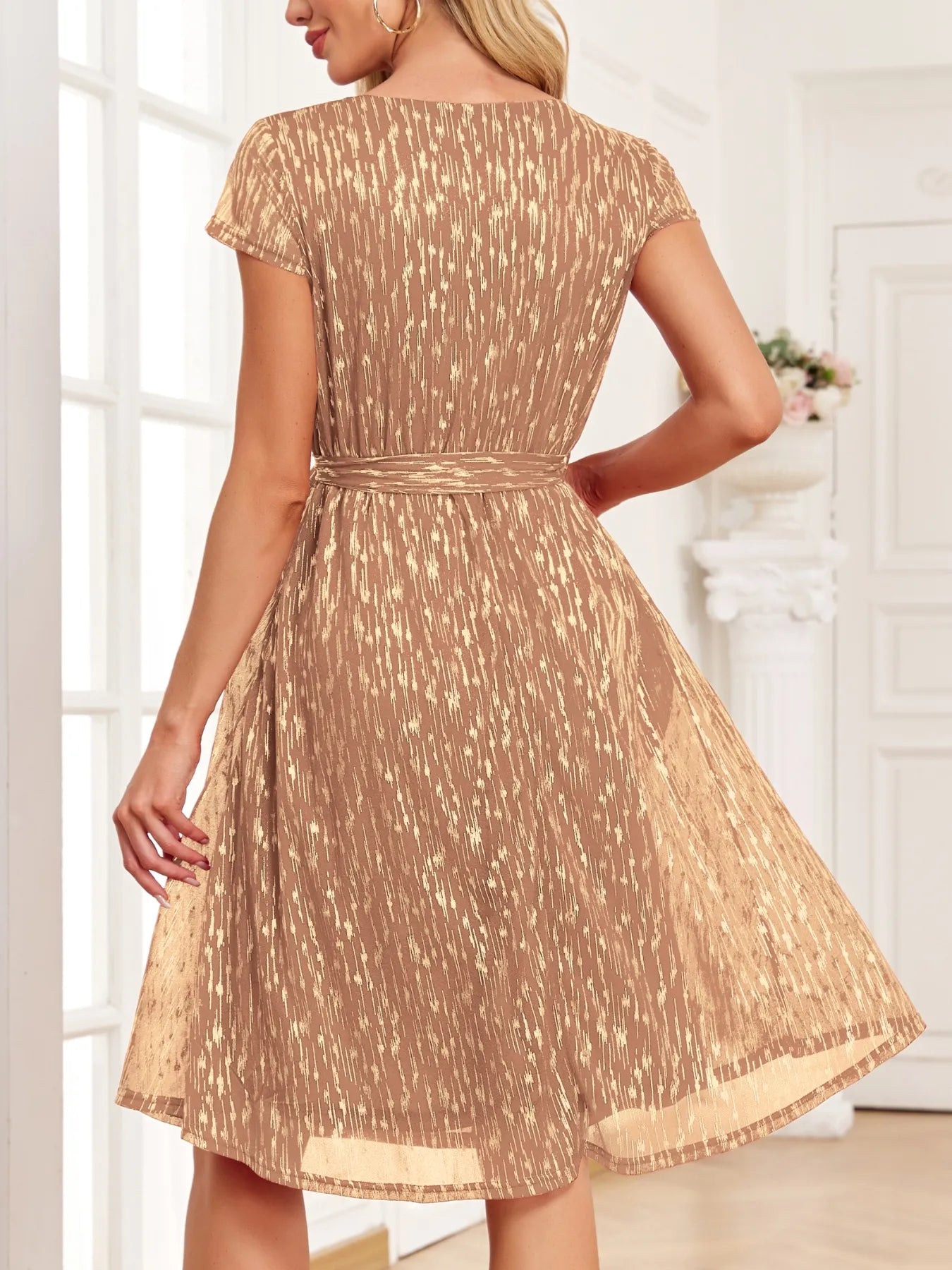 V-Neck Metallic Print Dress - Velora Luxury Fashion