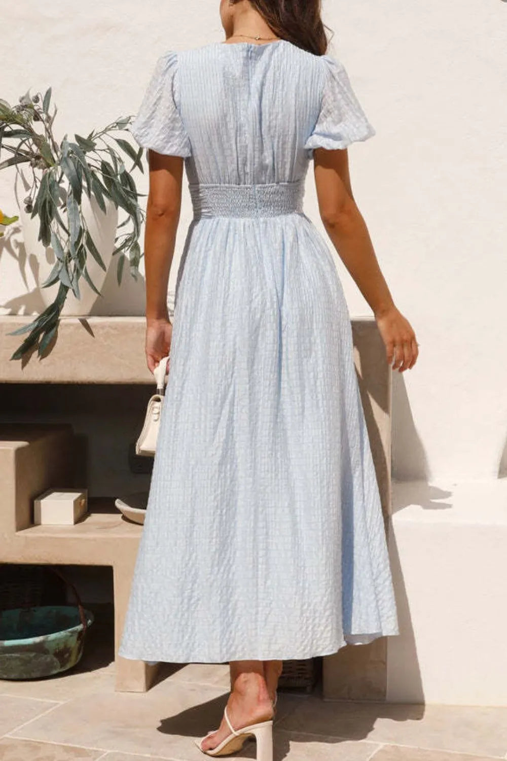 V-Neck Puff Short Sleeve Midi Dress - Velora Luxury Fashion