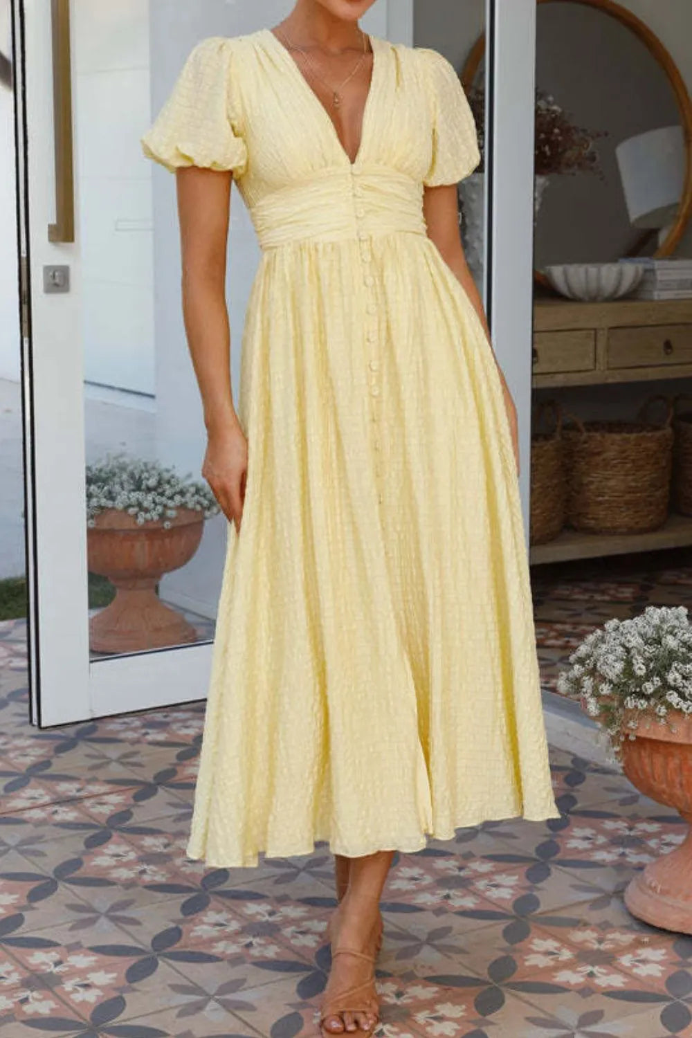 V-Neck Puff Short Sleeve Midi Dress - Velora Luxury Fashion