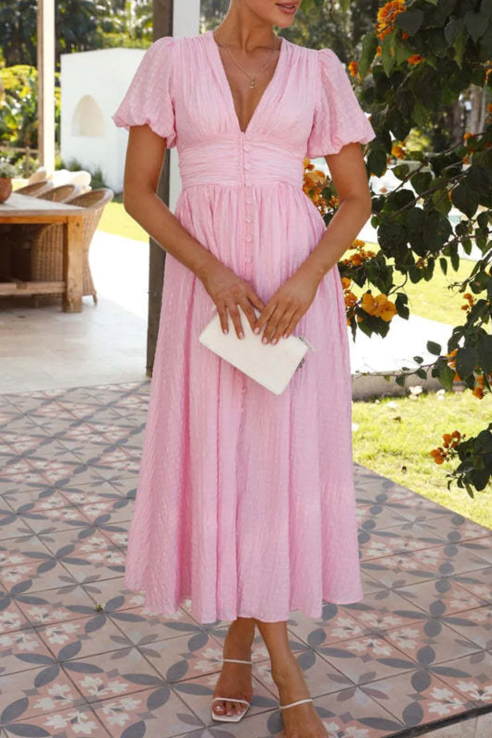 V-Neck Puff Short Sleeve Midi Dress - Velora Luxury Fashion