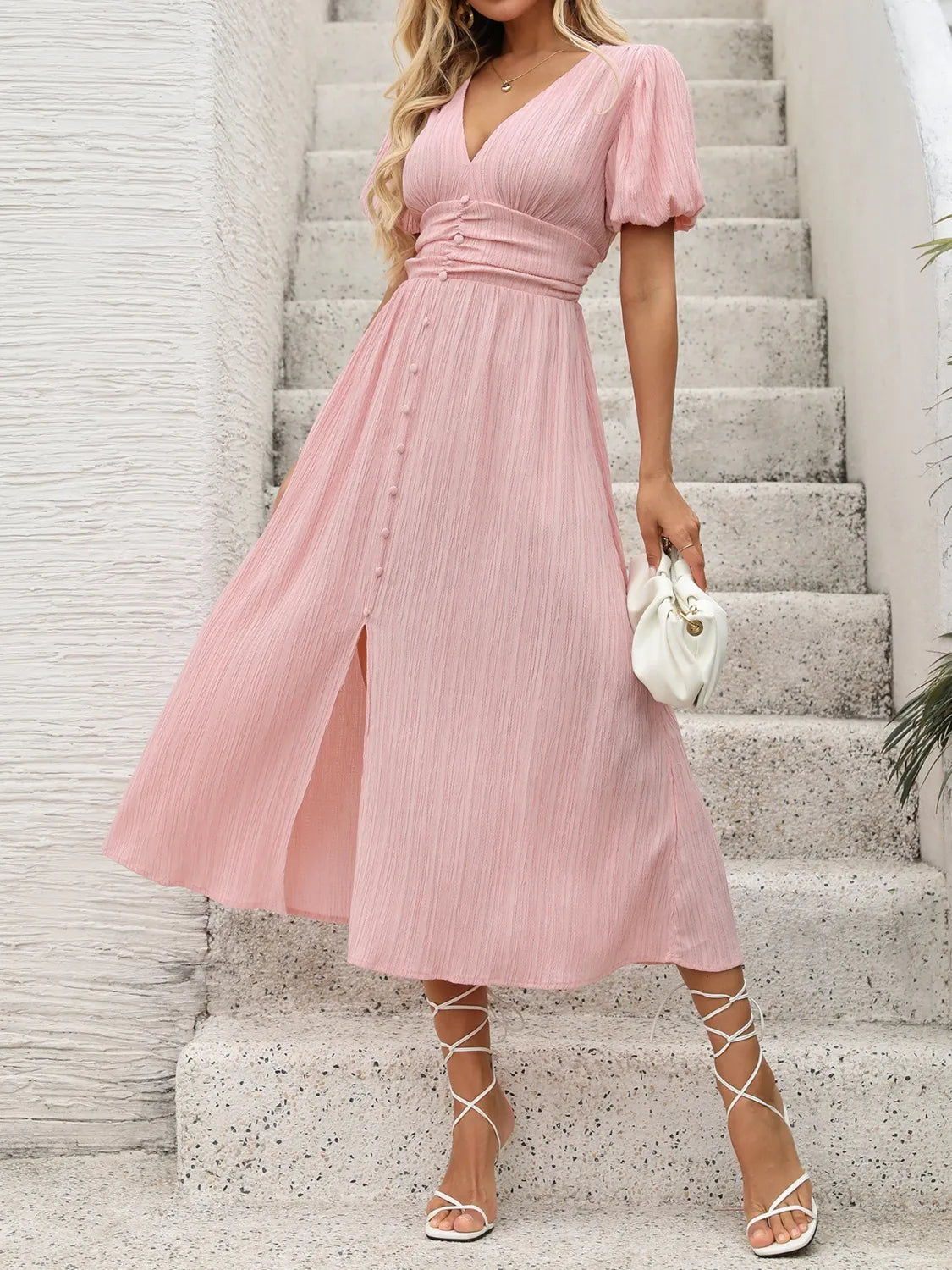 V-Neck Puff Sleeve Dress - Velora Luxury Fashion