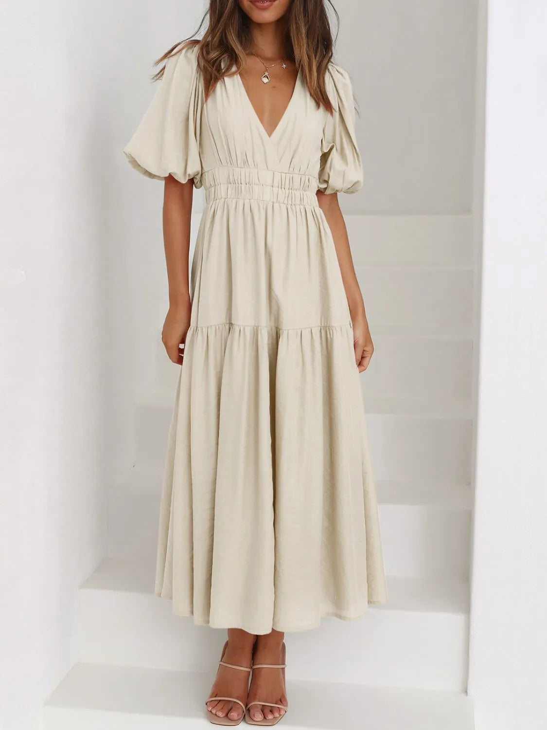 V-Neck Puff Sleeve Midi Dress - Velora Luxury Fashion