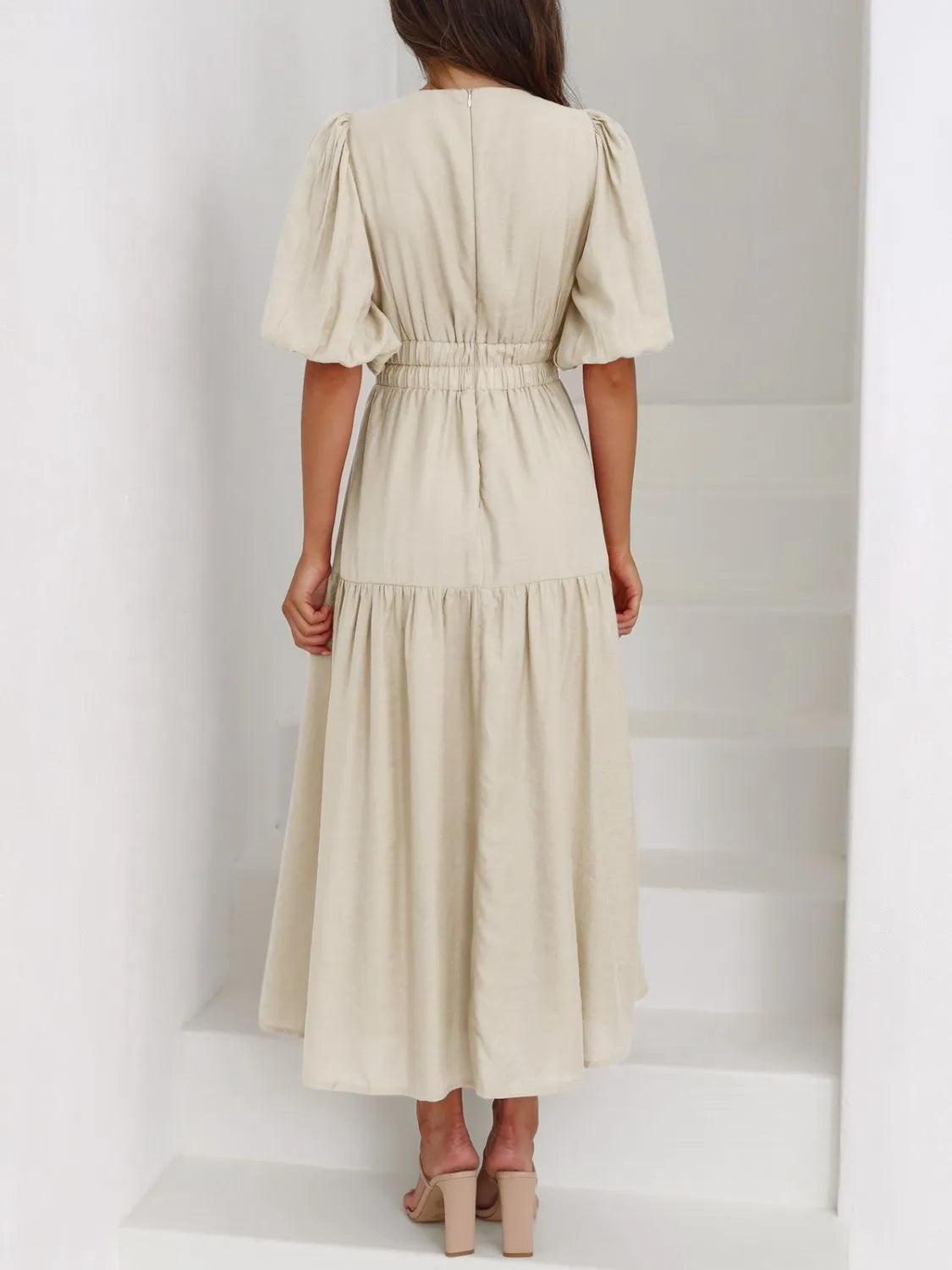 V-Neck Puff Sleeve Midi Dress - Velora Luxury Fashion