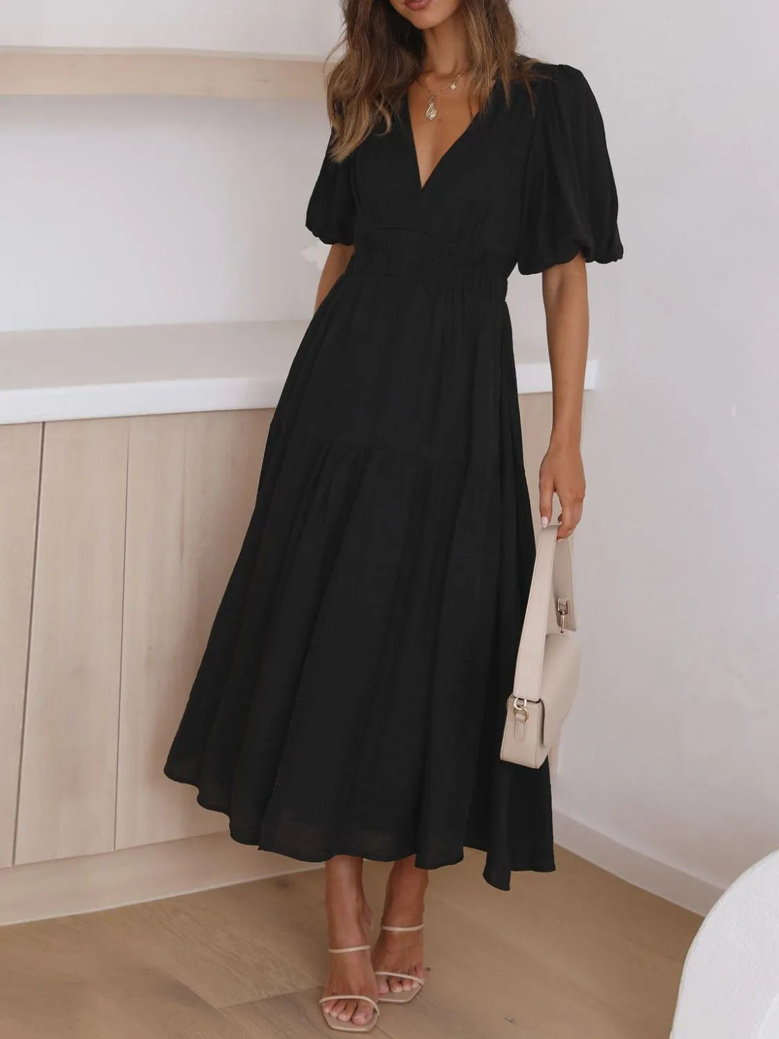 V-Neck Puff Sleeve Midi Dress - Velora Luxury Fashion