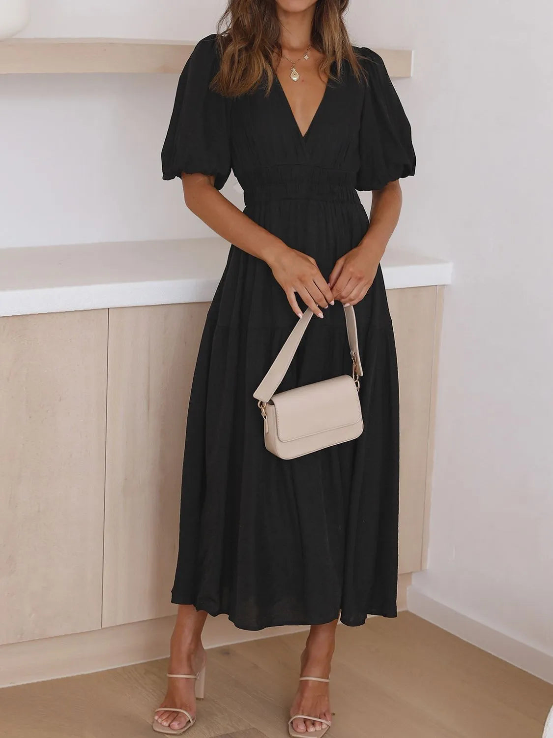 V-Neck Puff Sleeve Midi Dress - Velora Luxury Fashion
