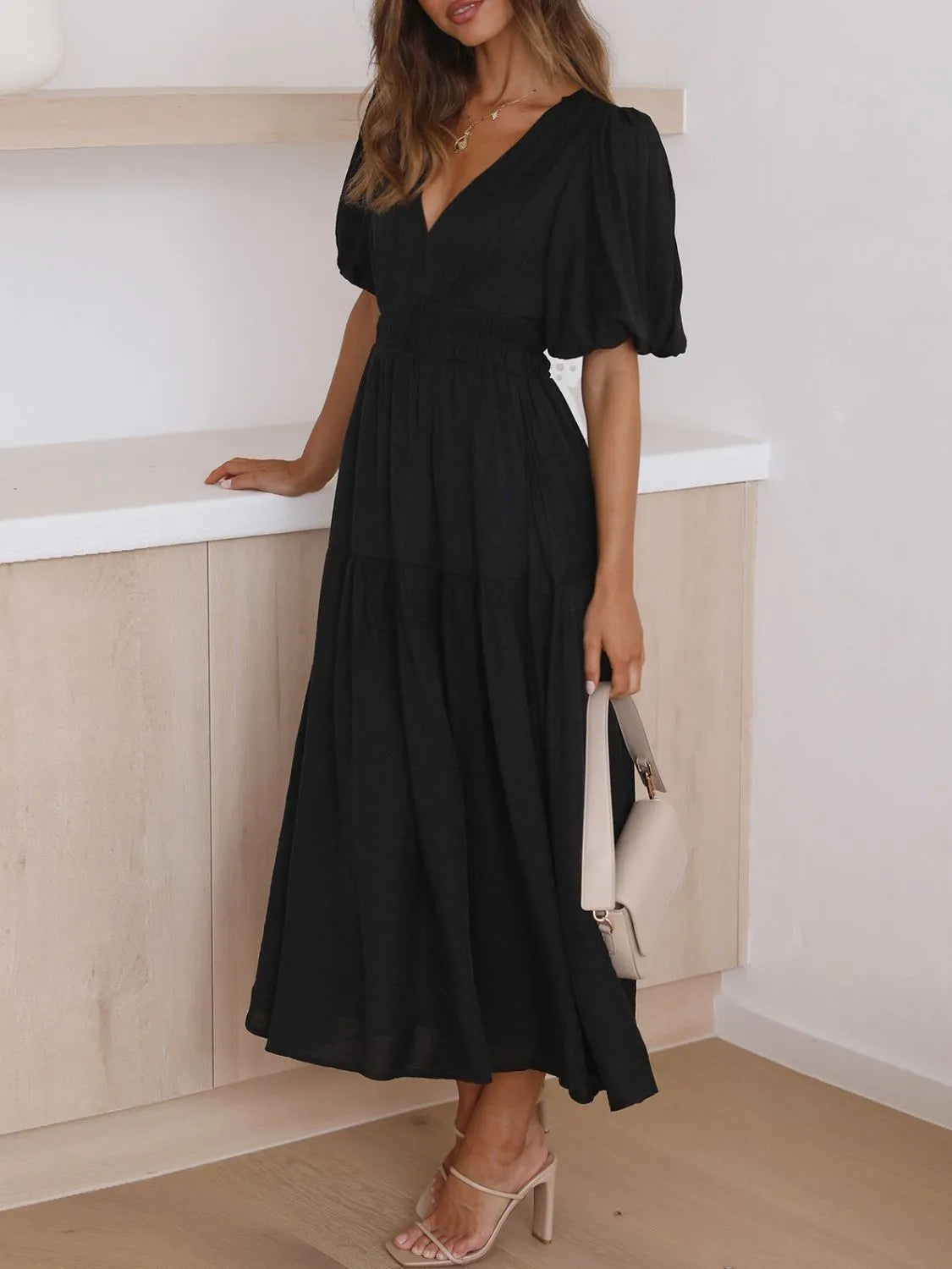 V-Neck Puff Sleeve Midi Dress - Velora Luxury Fashion