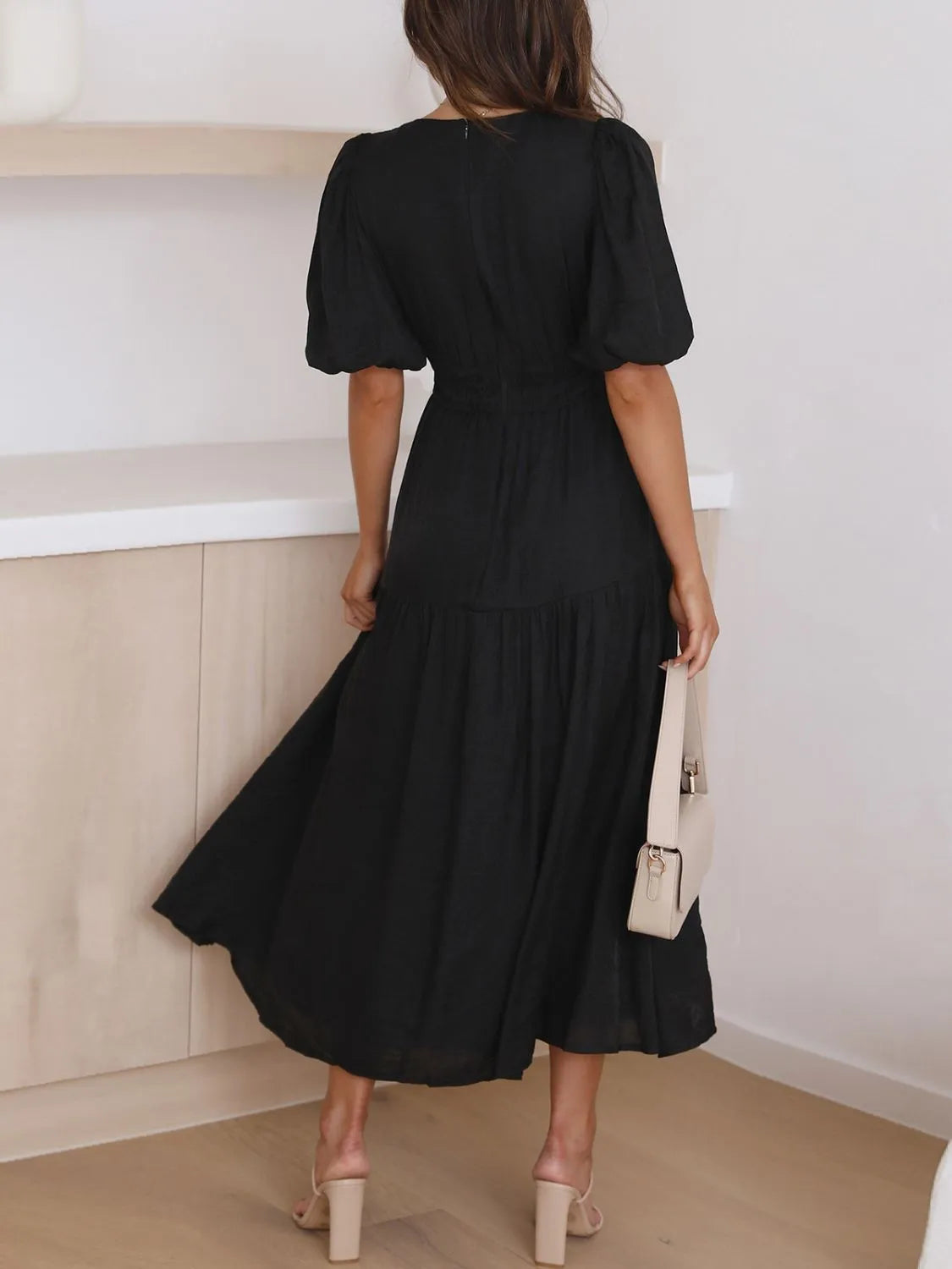 V-Neck Puff Sleeve Midi Dress - Velora Luxury Fashion