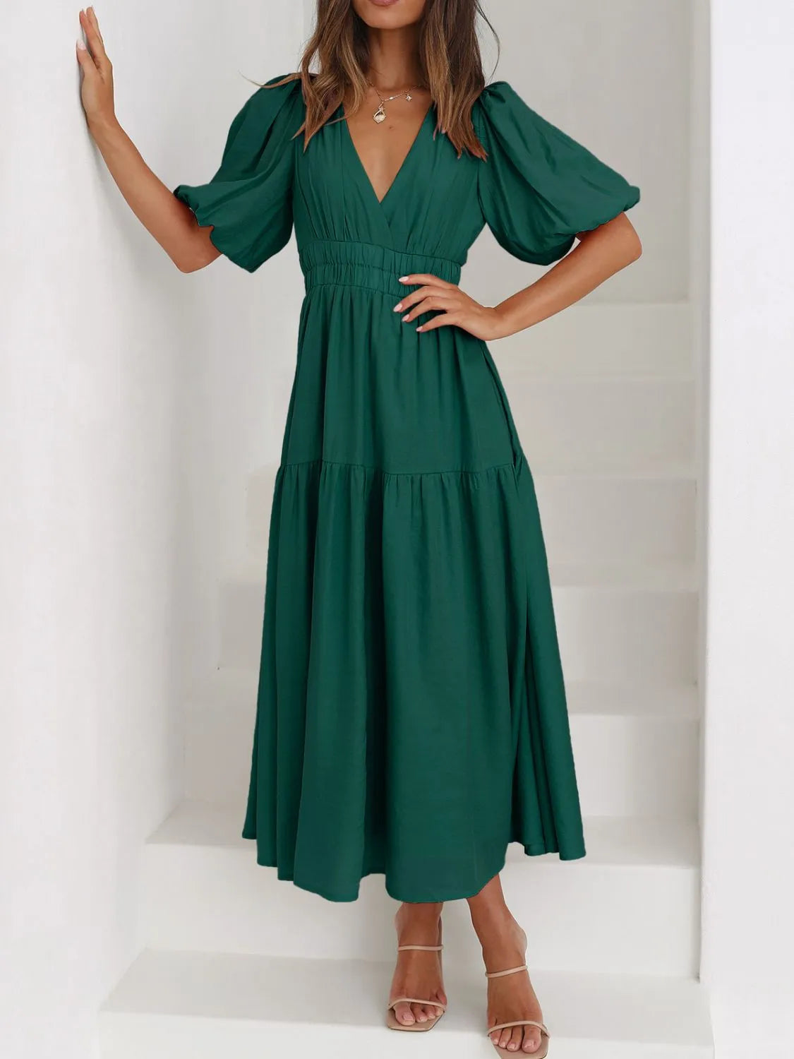 V-Neck Puff Sleeve Midi Dress - Velora Luxury Fashion