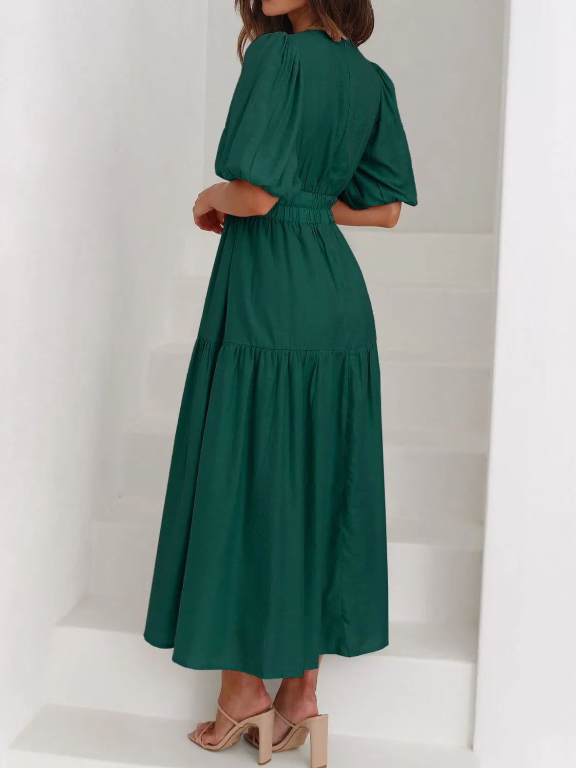 V-Neck Puff Sleeve Midi Dress - Velora Luxury Fashion