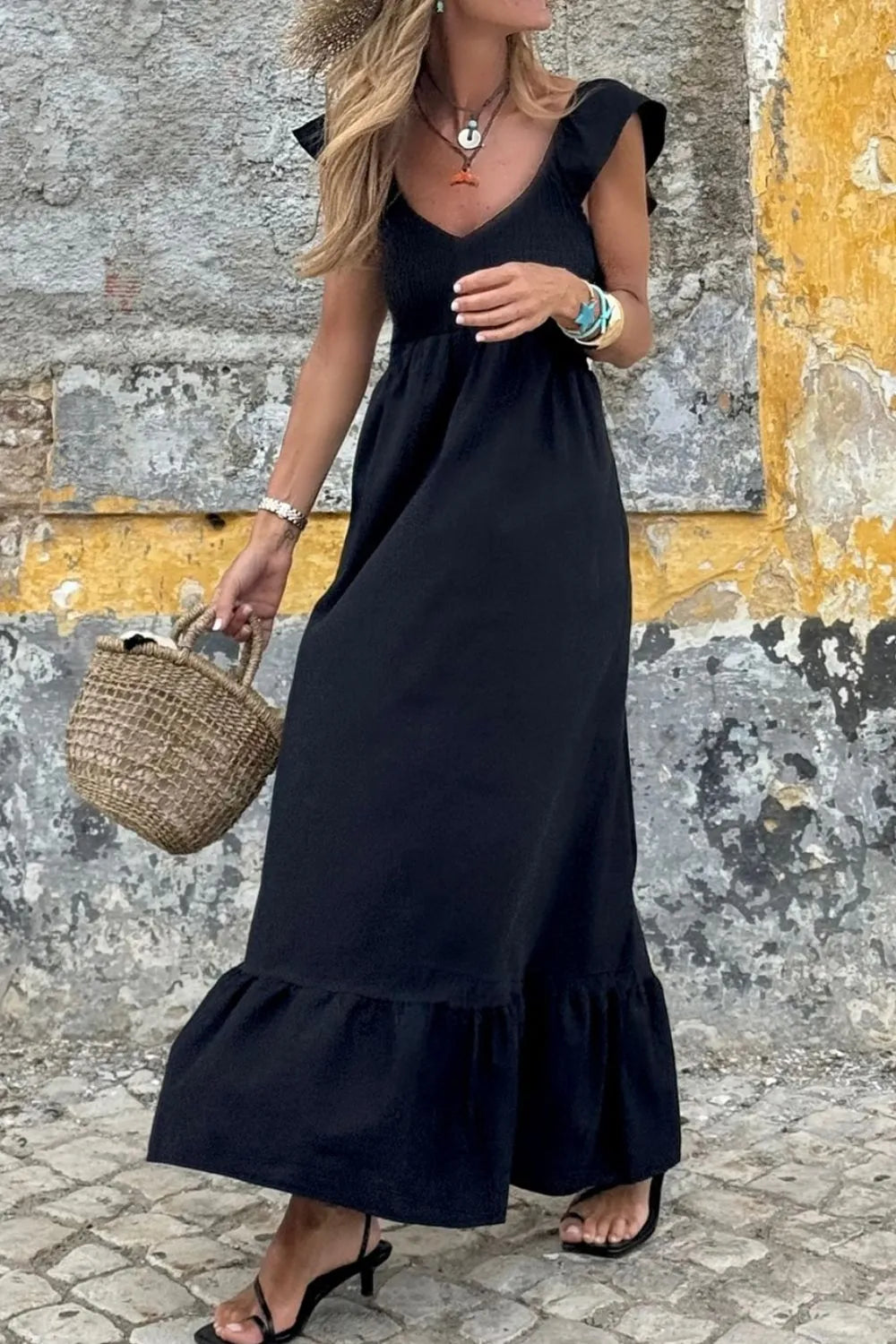 V Neck Ruffled Cap Sleeve Smocked Maxi Dress - Velora Luxury Fashion