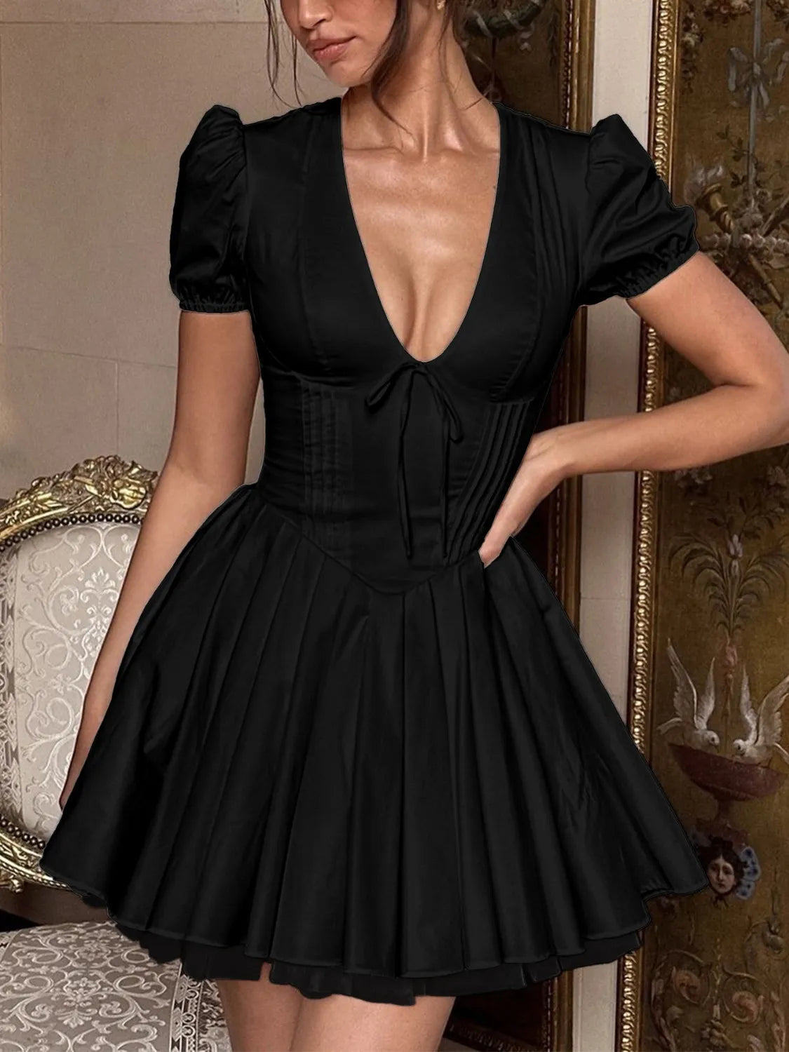 V-Neck Short Sleeve Mini Dress - Velora Luxury Fashion