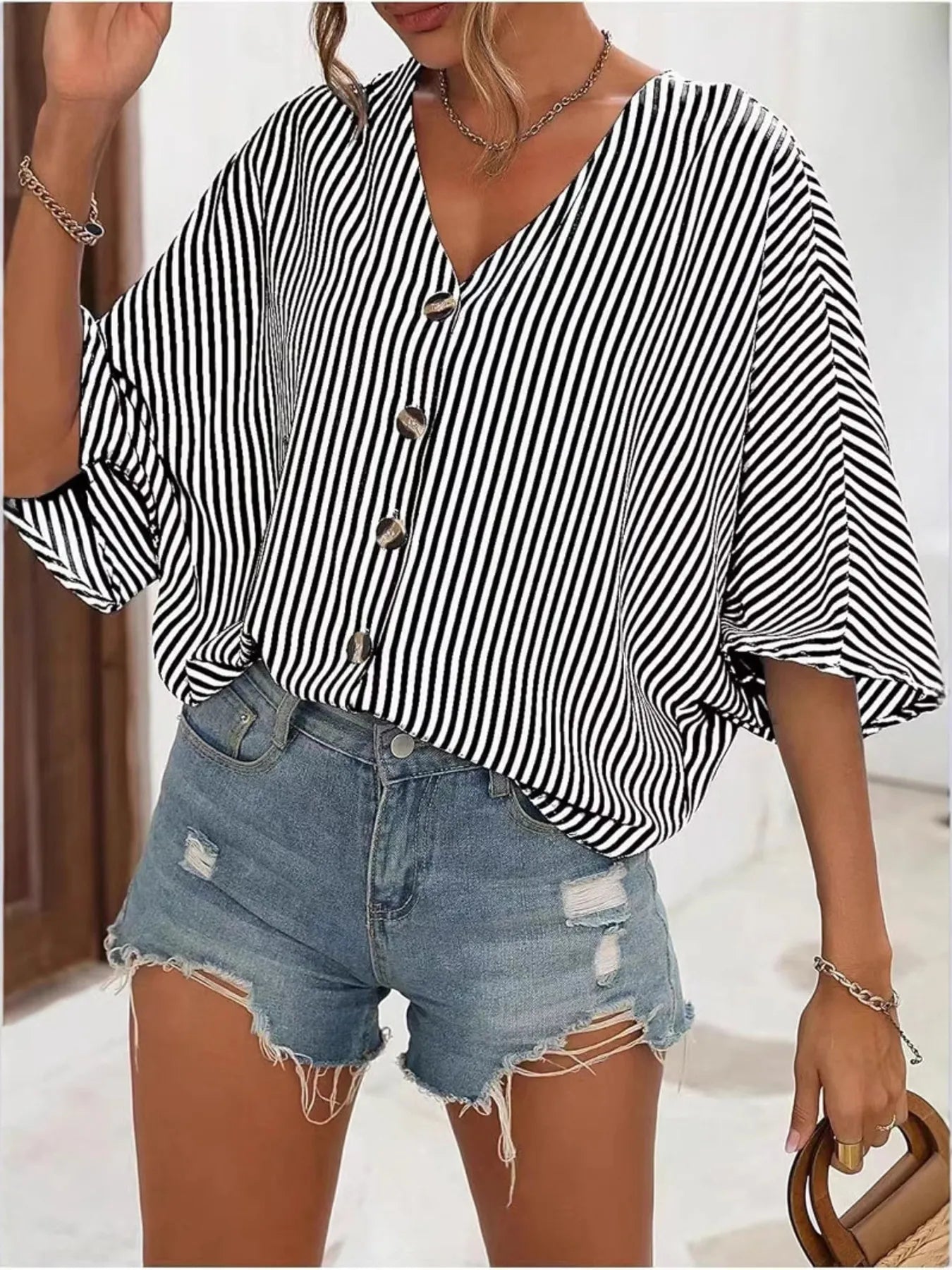 V-Neck Striped Batwing Sleeve Casual Blouse - Velora Luxury Fashion