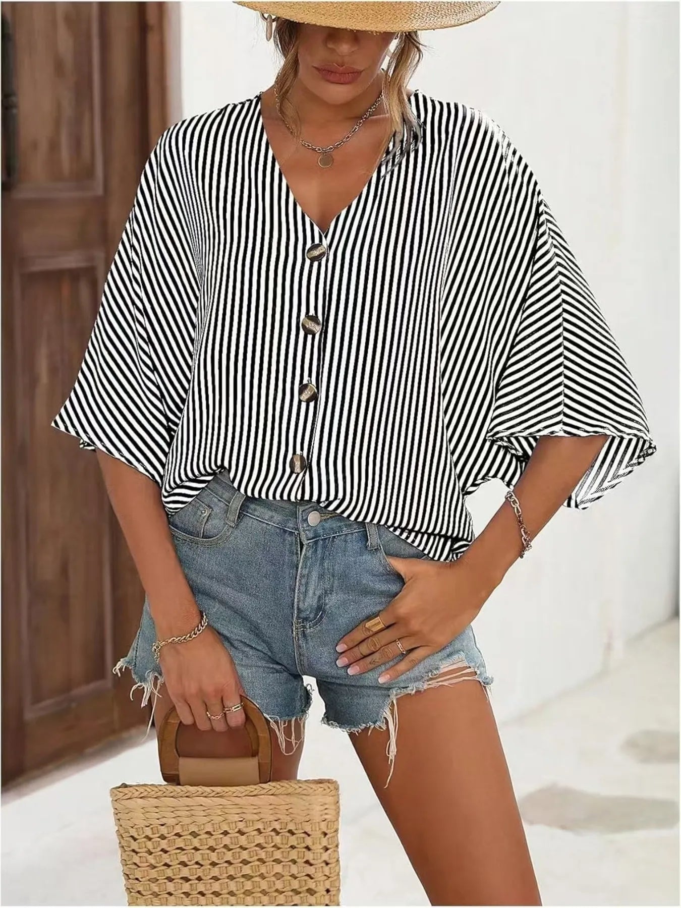 V-Neck Striped Batwing Sleeve Casual Blouse - Velora Luxury Fashion