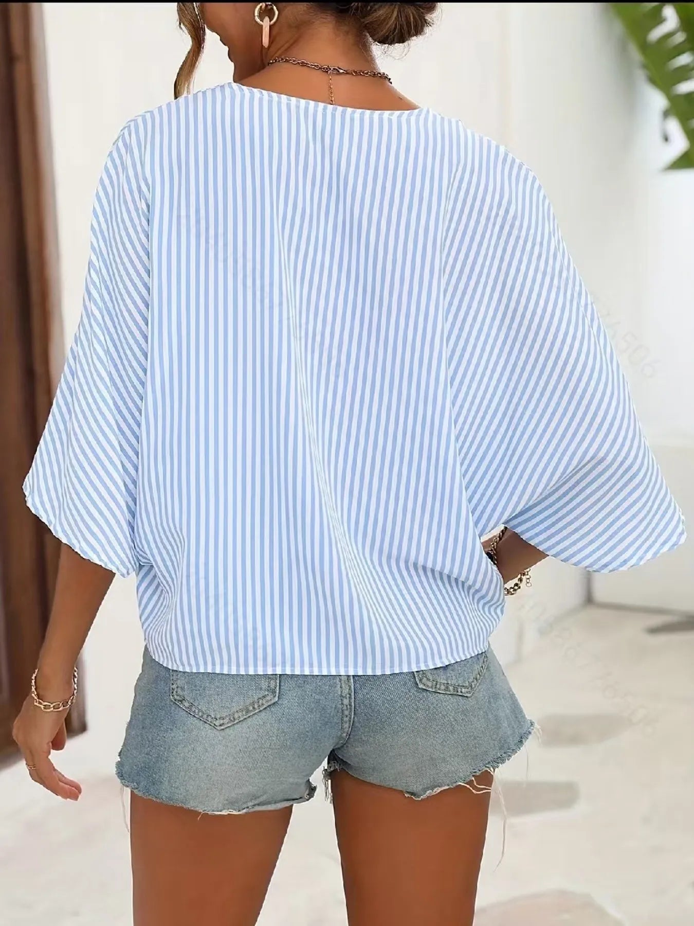 V-Neck Striped Batwing Sleeve Casual Blouse - Velora Luxury Fashion