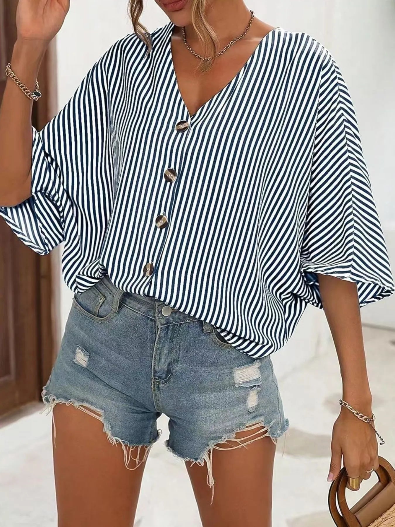 V-Neck Striped Batwing Sleeve Casual Blouse - Velora Luxury Fashion