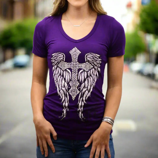 V-Neck Tee with Cross, Wings, and Rhinestone Accents Boutique of Leathers/Open Road