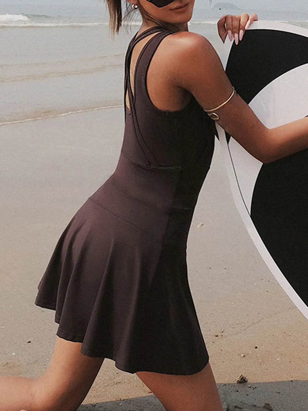 V-Neck Wide Strap Active Dress with Unitard Liner - Velora Luxury Fashion