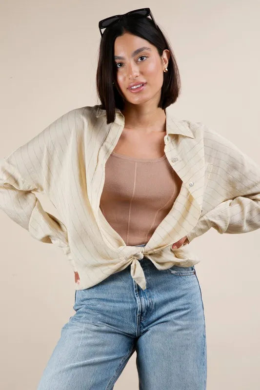 VERY J Full Size Oversized Striped Button Down Shirt Top Plus Size - Velora Luxury Fashion