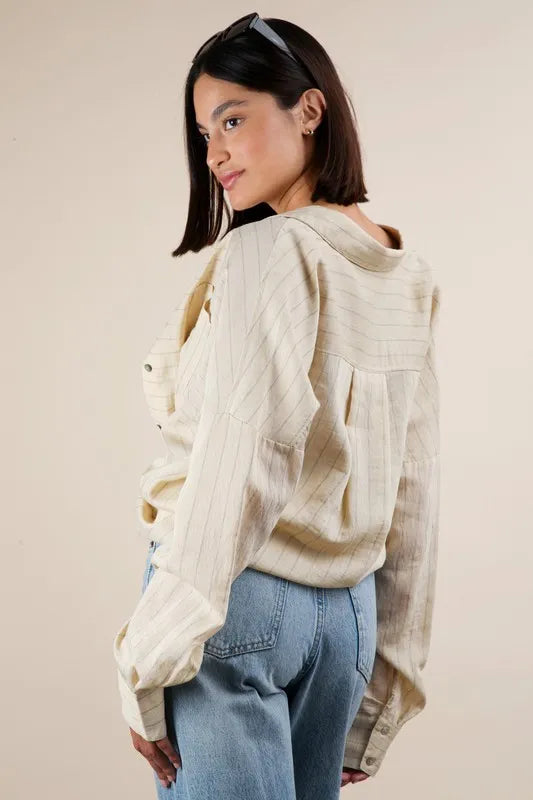 VERY J Full Size Oversized Striped Button Down Shirt Top Plus Size - Velora Luxury Fashion