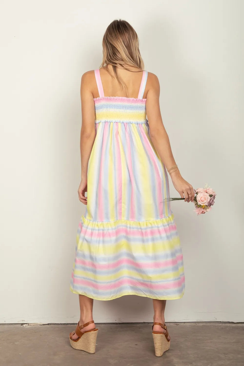 VERY J Striped Woven Smocked Midi Cami Dress - Velora Luxury Fashion