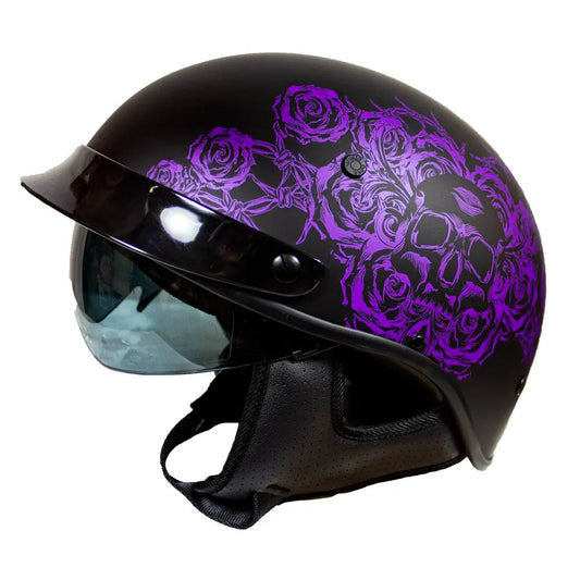 VOSS 707FRP Black Skull and Rose Half Helmet with Peak - Velora Luxury Fashion