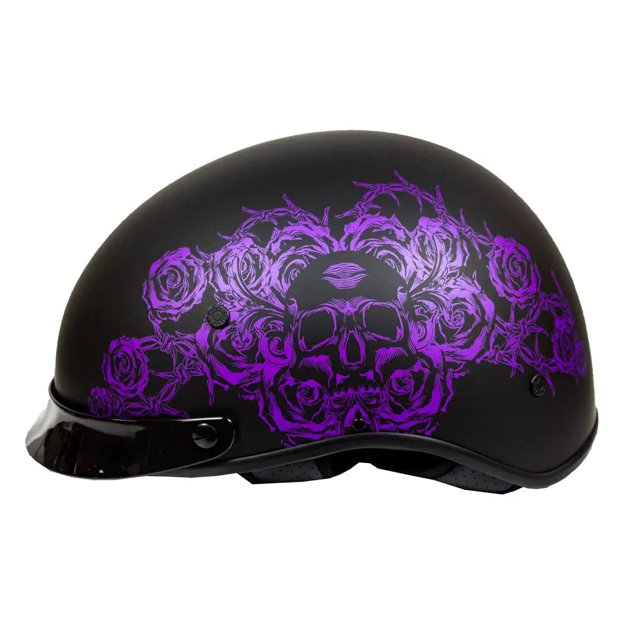 VOSS 707FRP Black Skull and Rose Half Helmet with Peak - Velora Luxury Fashion