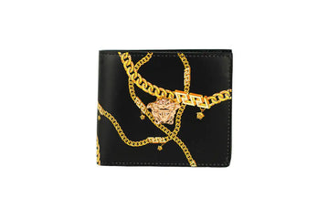 Versace Black Leather Gold Medusa Chain Logo Bifold Wallet - Velora Luxury Fashion