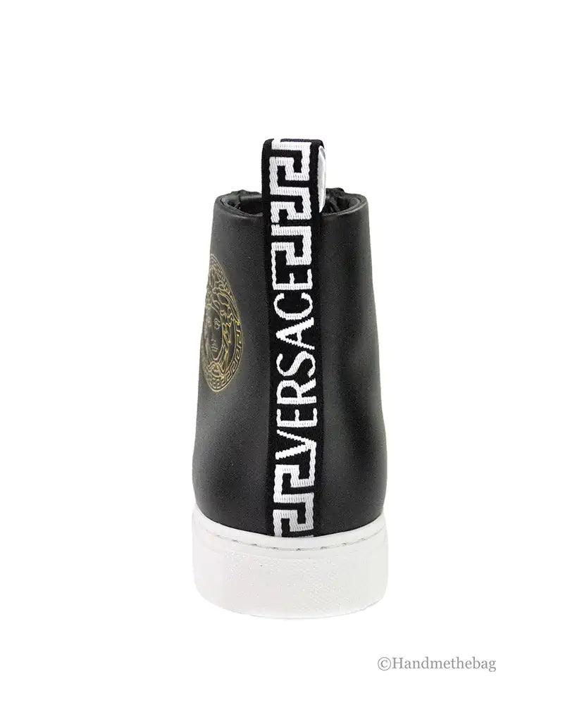 Versace Black Smooth Vitello Leather Medusa Emblem High Top Lace Up Sneakers - Velora Luxury Fashion