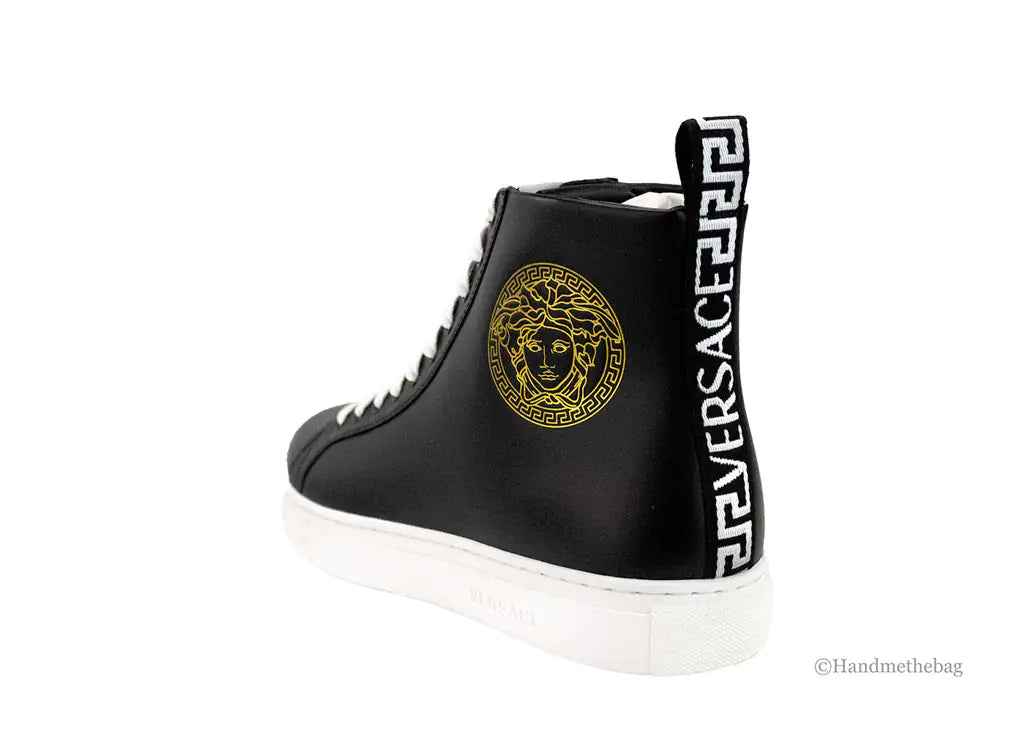 Versace Black Smooth Vitello Leather Medusa Emblem High Top Lace Up Sneakers - Velora Luxury Fashion