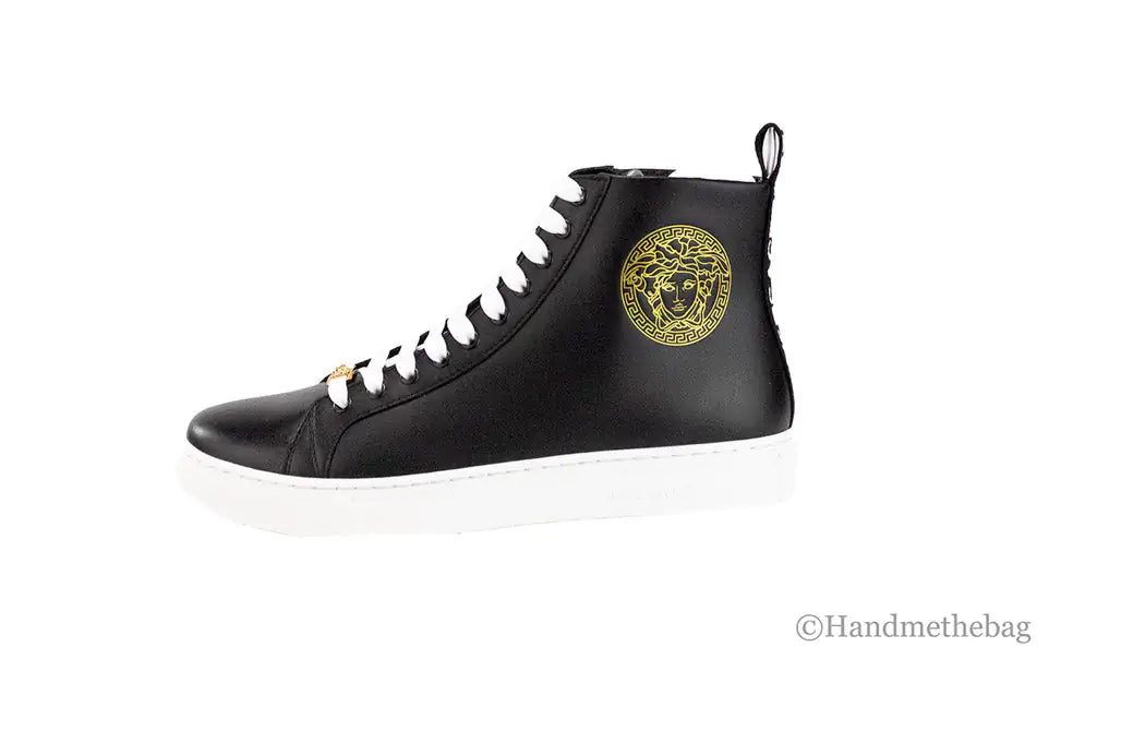 Versace Black Smooth Vitello Leather Medusa Emblem High Top Lace Up Sneakers - Velora Luxury Fashion