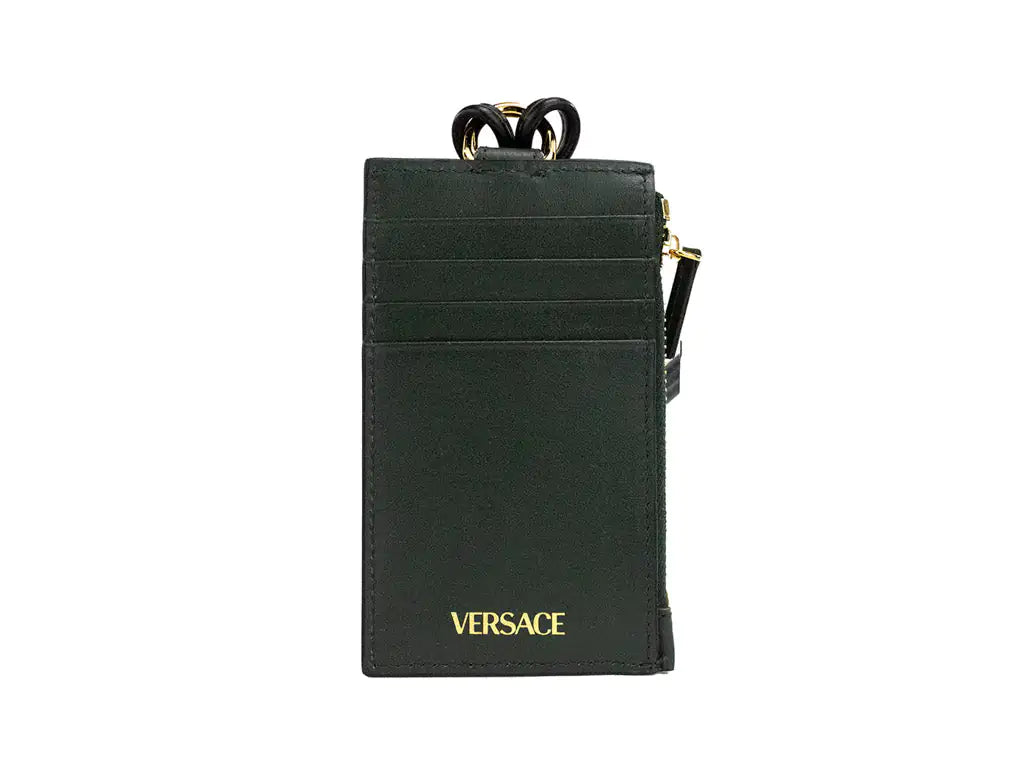 Versace Bottle Green Leather Zip Card Case Lanyard Wallet - Velora Luxury Fashion