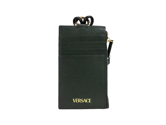 Versace Bottle Green Leather Zip Card Case Lanyard Wallet - Velora Luxury Fashion
