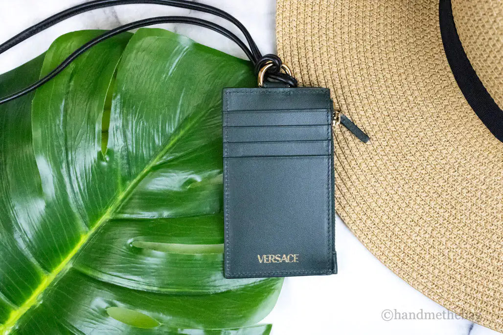Versace Bottle Green Leather Zip Card Case Lanyard Wallet - Velora Luxury Fashion