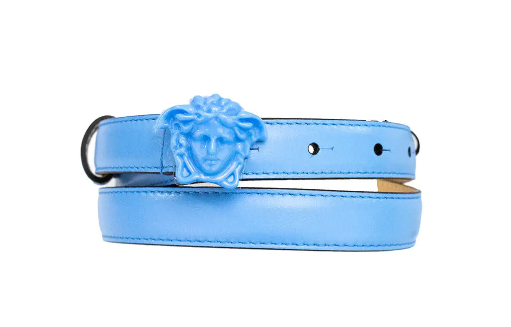 Versace DV Blue Leather Slim 20mm Adjustable Medusa Belt - Velora Luxury Fashion