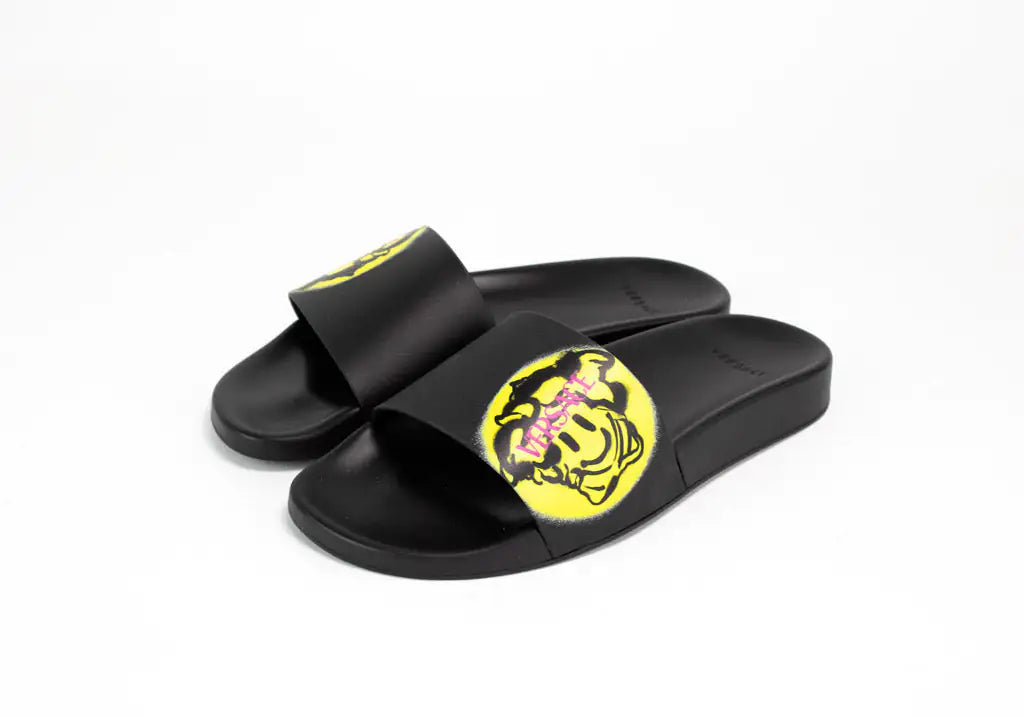 Versace Gomma St. Medusa Smile Black Bright Yellow Pool Slides - Velora Luxury Fashion