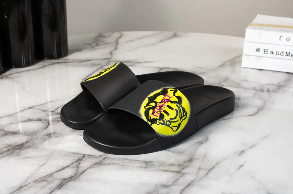 Versace Gomma St. Medusa Smile Black Bright Yellow Pool Slides - Velora Luxury Fashion