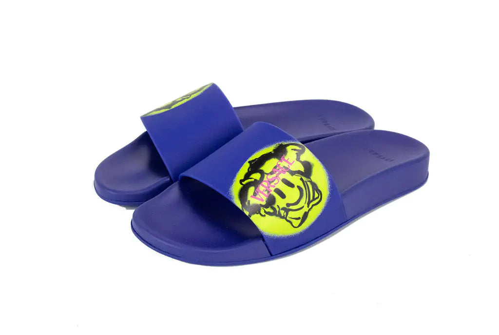 Versace Gomma St. Medusa Smile Lapis Lazuli Lime Pool Slides - Velora Luxury Fashion