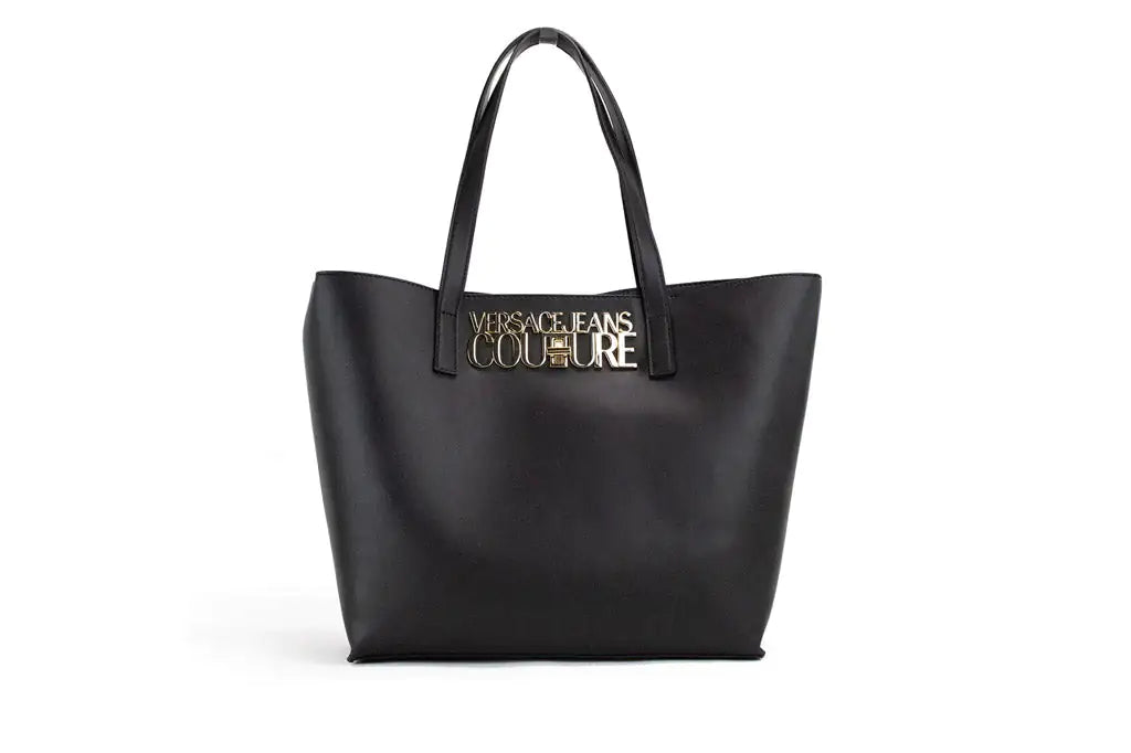 Versace Jeans Couture Black Grained Faux Leather Logo Lock Tote Shoulder Handbag - Velora Luxury Fashion