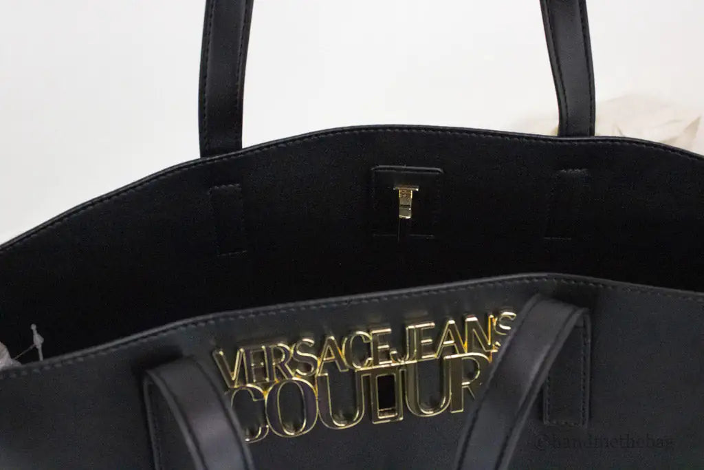 Versace Jeans Couture Black Grained Faux Leather Logo Lock Tote Shoulder Handbag - Velora Luxury Fashion
