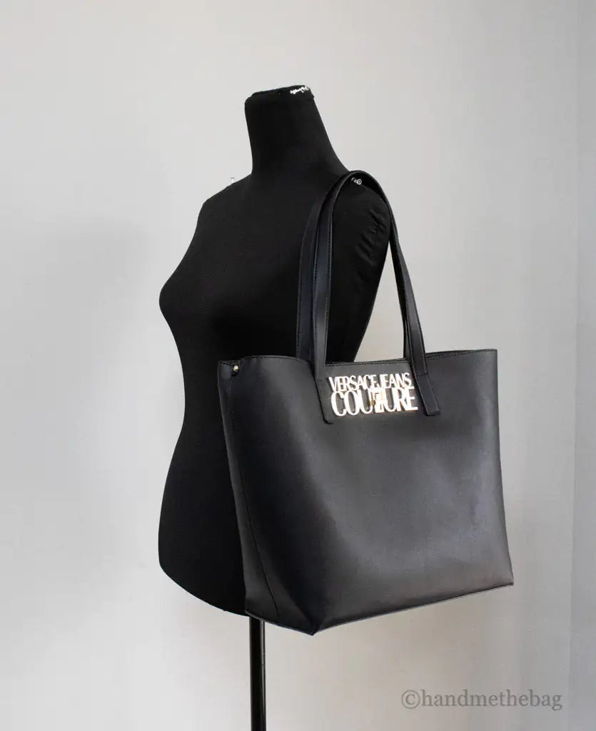 Versace Jeans Couture Black Grained Faux Leather Logo Lock Tote Shoulder Handbag - Velora Luxury Fashion
